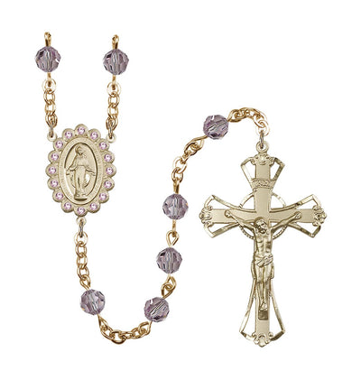 Birthstone 6mm Light Amethyst Austrian Crystal Miraculous Gold-Plated Rosary, Bliss Manufacturing