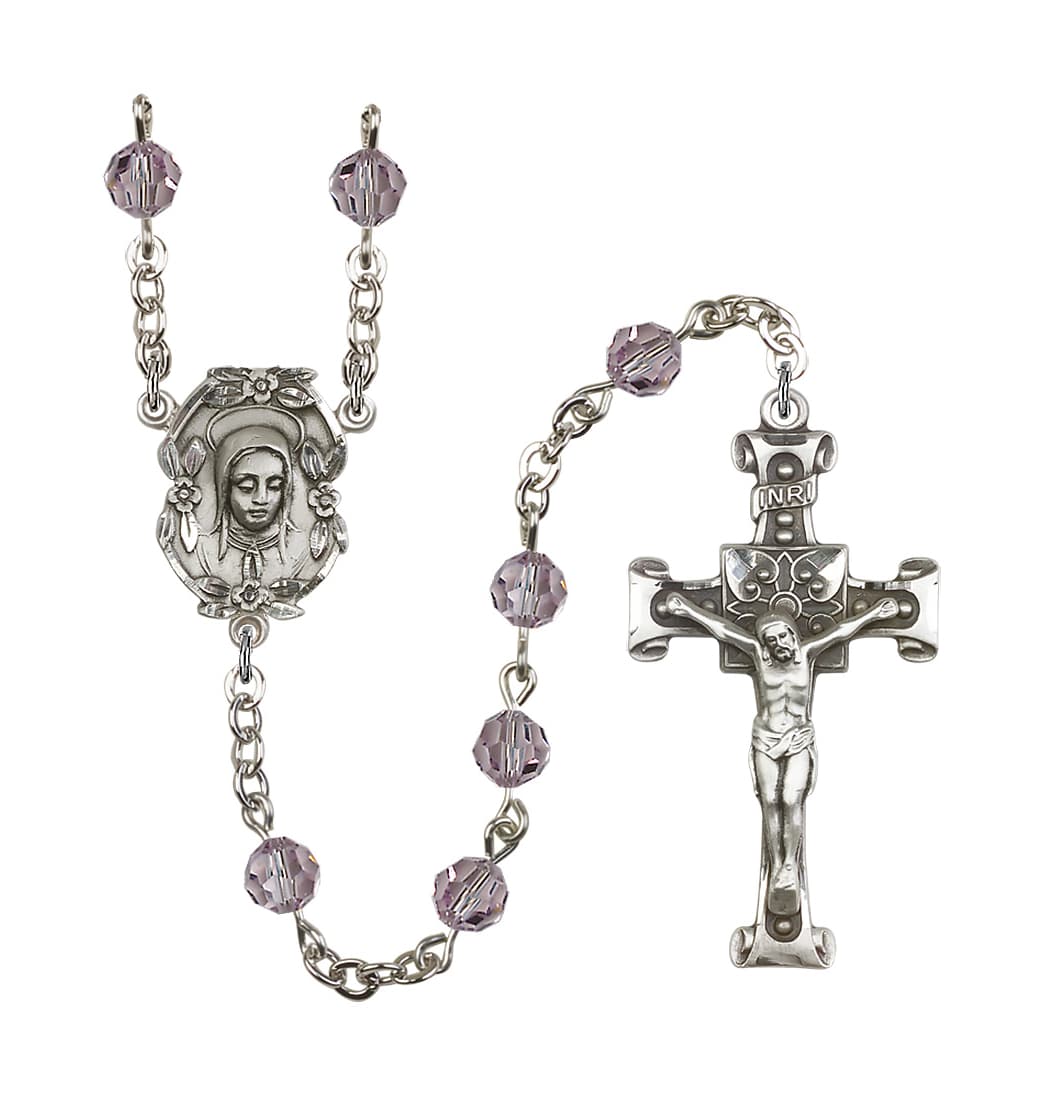 Bliss Handmade Silver-plated Rosary with Madonna Centerpiece, Scroll Design Crucifix and Light Amethyst 6mm Round Austrian Crystal beads.
