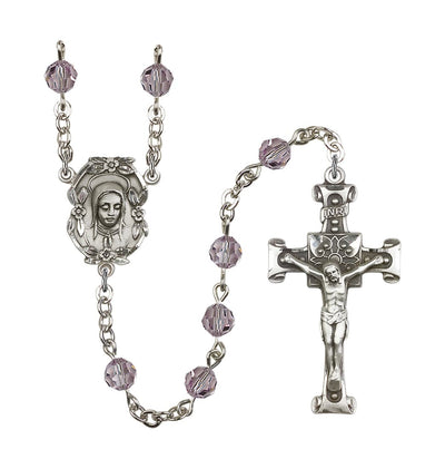 Handmade Silver-plated Rosary with Madonna Centerpiece, Scroll Design Crucifix and Light Amethyst 6mm Round Austrian Crystal beads, Bliss Manufacturing