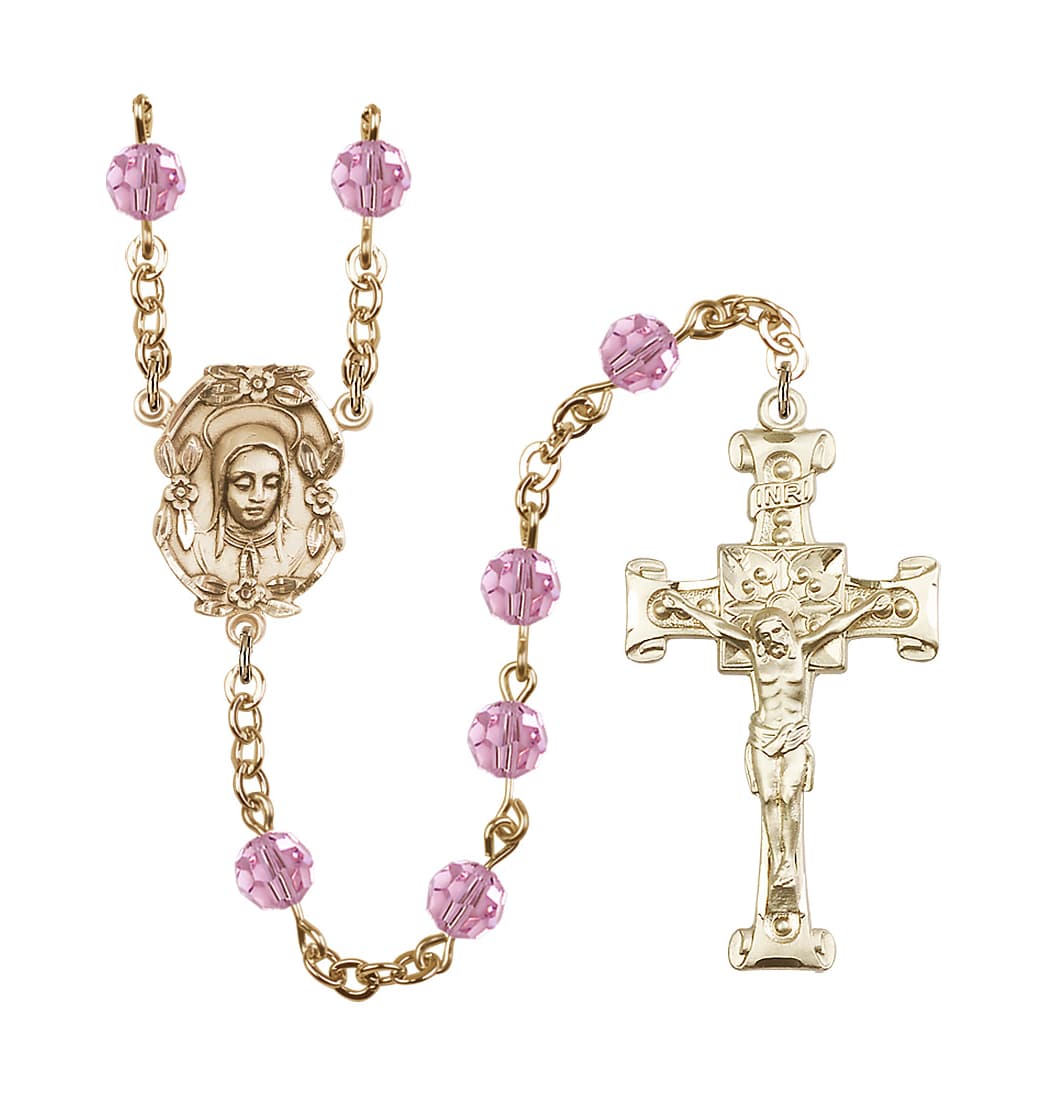Bliss Handmade Gold-plated Rosary with Madonna Centerpiece, Scroll Design Crucifix and Light Rose 6mm Round Austrian Crystal beads.