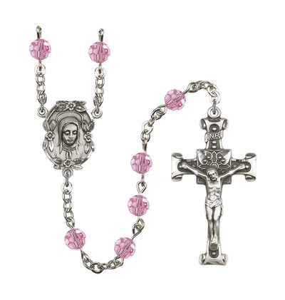 Handmade Silver-plated Rosary with Madonna Centerpiece, Scroll Design Crucifix and Light Rose 6mm Round Austrian Crystal beads, Bliss Manufacturing