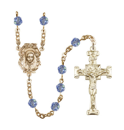 Handmade Gold-plated Rosary with Madonna Centerpiece, Scroll Design Crucifix and Light Sapphire 6mm Round Austrian Crystal beads, Bliss Manufacturing