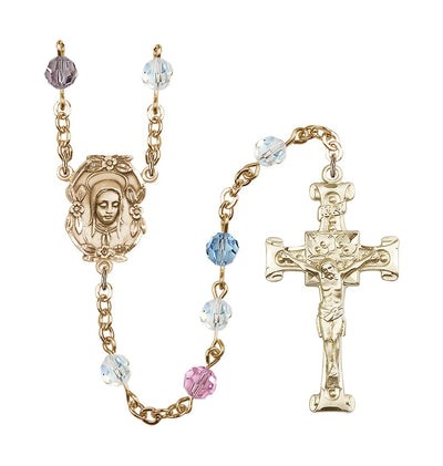 Handmade Gold-plated Rosary with Madonna Centerpiece, Scroll Design Crucifix and Multi-Color 6mm Round Austrian Crystal beads, Bliss Manufacturing