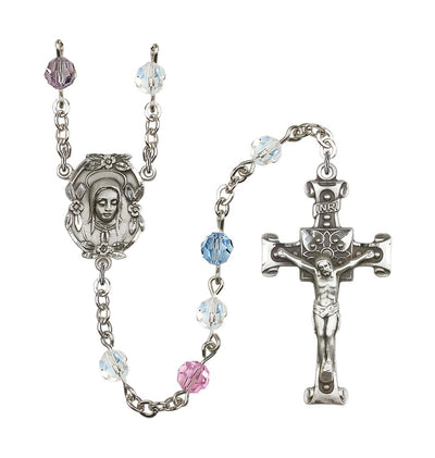Handmade Silver-plated Rosary with Madonna Centerpiece, Scroll Design Crucifix and Multi-Color 6mm Round Austrian Crystal beads, Bliss Manufacturing