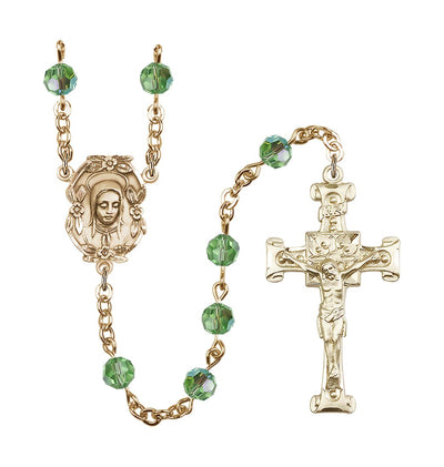 Handmade Gold-plated Rosary with Madonna Centerpiece, Scroll Design Crucifix and Peridot 6mm Round Austrian Crystal beads, Bliss Manufacturing