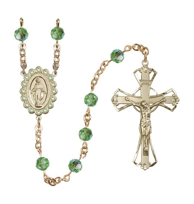 Birthstone 6mm Peridot Austrian Crystal Miraculous Gold-Plated Rosary, Bliss Manufacturing