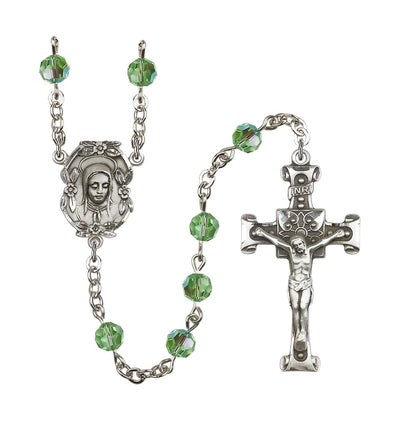 Handmade Silver-plated Rosary with Madonna Centerpiece, Scroll Design Crucifix and Peridot 6mm Round Austrian Crystal beads, Bliss Manufacturing