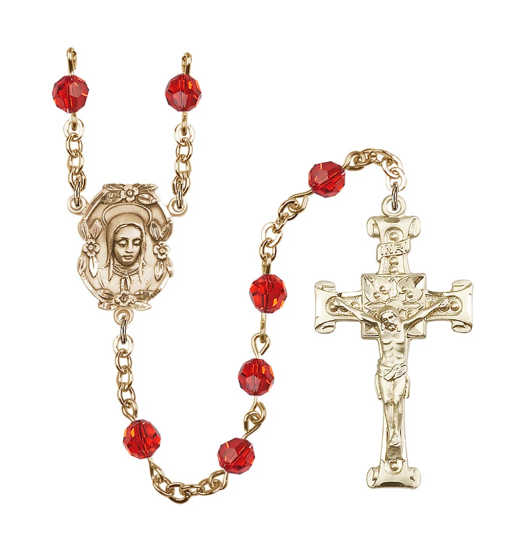 Bliss Handmade Gold-plated Rosary with Madonna Centerpiece, Scroll Design Crucifix and Ruby 6mm Round Austrian Crystal beads.