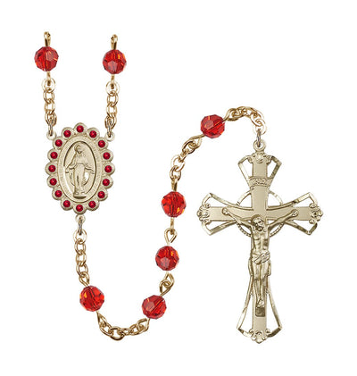 Birthstone 6mm Ruby Austrian Crystal Miraculous Gold-Plated Rosary, Bliss Manufacturing