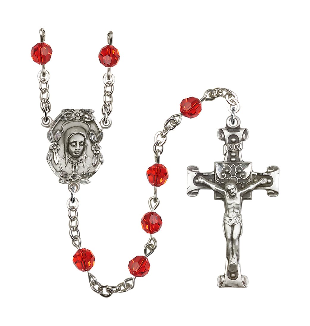 Bliss Handmade Silver-plated Rosary with Madonna Centerpiece, Scroll Design Crucifix and Ruby 6mm Round Austrian Crystal beads.