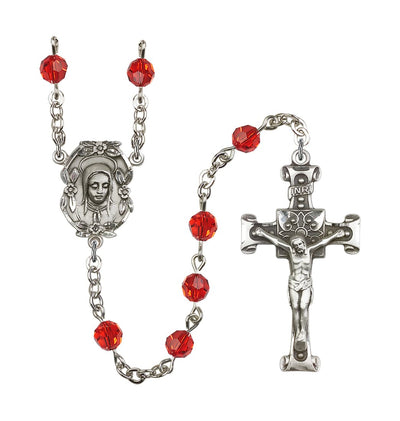Handmade Silver-plated Rosary with Madonna Centerpiece, Scroll Design Crucifix and Ruby 6mm Round Austrian Crystal beads, Bliss Manufacturing