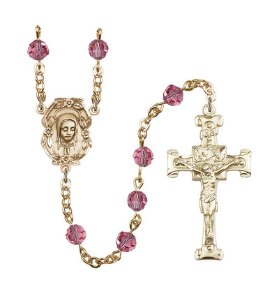 Handmade Gold-plated Rosary with Madonna Centerpiece, Scroll Design Crucifix and Rose 6mm Round Austrian Crystal beads, Bliss Manufacturing