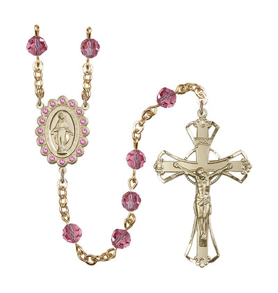 Birthstone 6mm Rose Austrian Crystal Miraculous Gold-Plated Rosary, Bliss Manufacturing