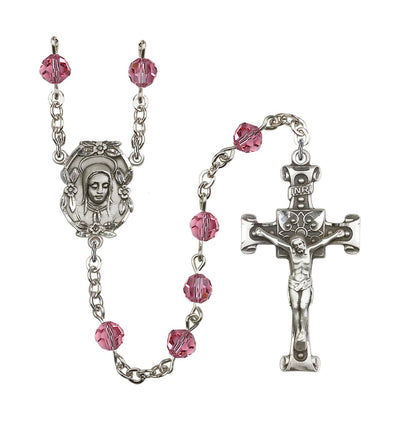 Handmade Silver-plated Rosary with Madonna Centerpiece, Scroll Design Crucifix and Rose 6mm Round Austrian Crystal beads, Bliss Manufacturing