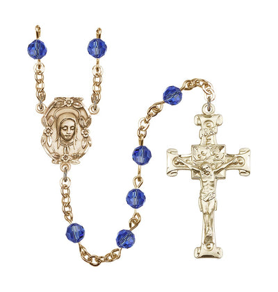 Handmade Gold-plated Rosary with Madonna Centerpiece, Scroll Design Crucifix and Sapphire 6mm Round Austrian Crystal beads, Bliss Manufacturing