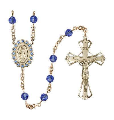 Birthstone 6mm Sapphire Austrian Crystal Miraculous Gold-Plated Rosary, Bliss Manufacturing