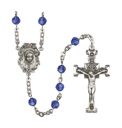 Handmade Silver-plated Rosary with Madonna Centerpiece, Scroll Design Crucifix and Sapphire 6mm Round Austrian Crystal beads, Bliss Manufacturing