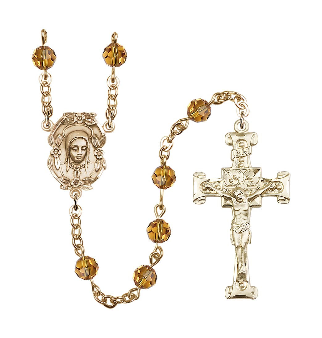 Bliss Handmade Gold-plated Rosary with Madonna Centerpiece, Scroll Design Crucifix and Topaz 6mm Round Austrian Crystal beads.
