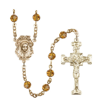 Handmade Gold-plated Rosary with Madonna Centerpiece, Scroll Design Crucifix and Topaz 6mm Round Austrian Crystal beads, Bliss Manufacturing