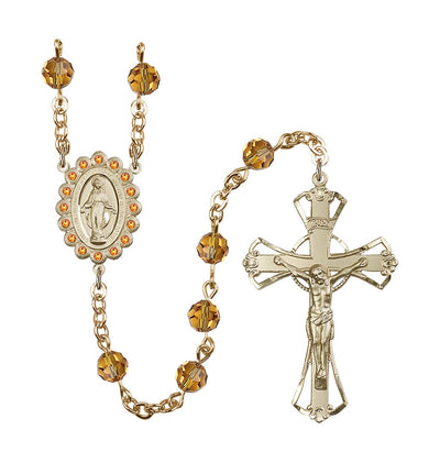 Birthstone 6mm Topaz Austrian Crystal Miraculous Gold-Plated Rosary, Bliss Manufacturing