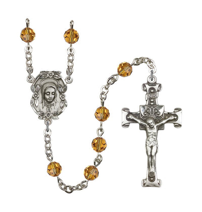 Handmade Silver-plated Rosary with Madonna Centerpiece, Scroll Design Crucifix and Topaz 6mm Round Austrian Crystal beads, Bliss Manufacturing