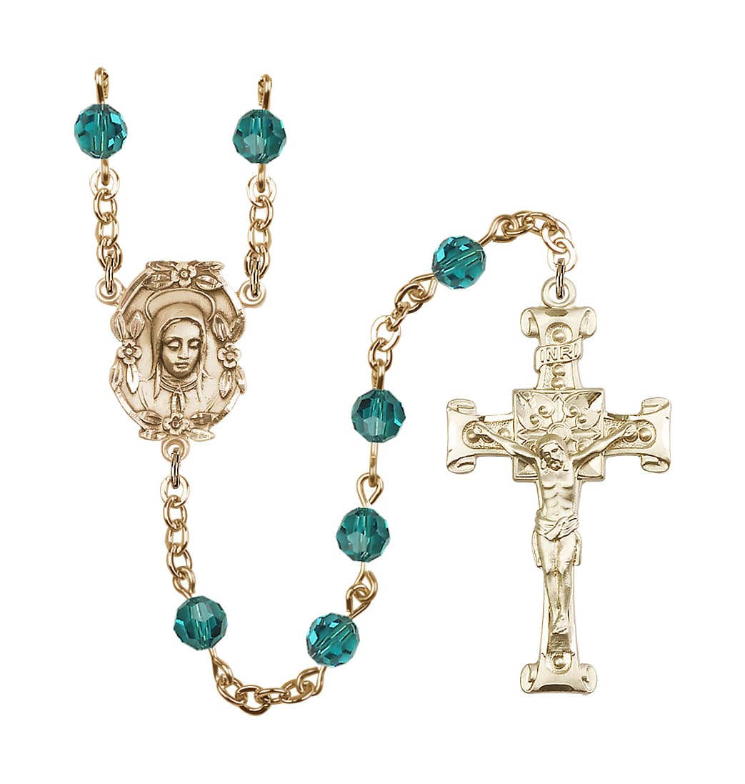 Bliss Handmade Gold-plated Rosary with Madonna Centerpiece, Scroll Design Crucifix and Zircon 6mm Round Austrian Crystal beads.