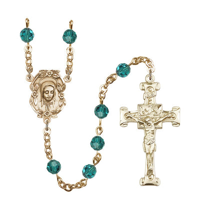 Handmade Gold-plated Rosary with Madonna Centerpiece, Scroll Design Crucifix and Zircon 6mm Round Austrian Crystal beads, Bliss Manufacturing