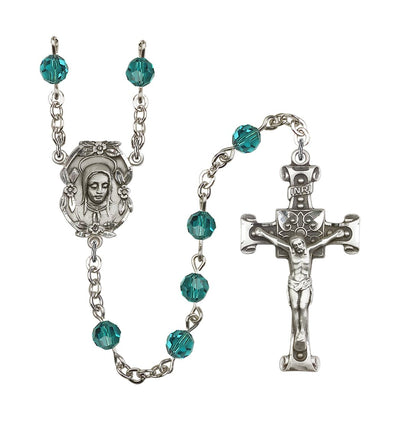 Handmade Silver-plated Rosary with Madonna Centerpiece, Scroll Design Crucifix and Zircon 6mm Round Austrian Crystal beads, Bliss Manufacturing