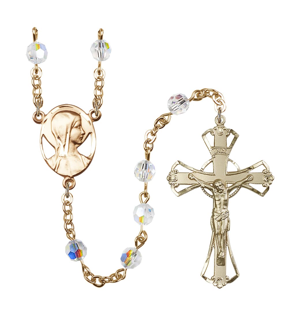 Bliss Gold Plated 6mm Austrian Crystal Madonna Mary Rosary with Aurora Borealis in Crystal,