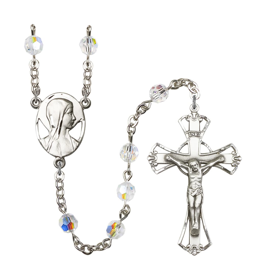 Bliss Silver Plated 6mm Austrian Crystal Madonna Mary Rosary with Aurora Borealis in Crystal,