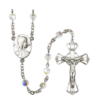 Silver Plated 6mm Austrian Crystal Madonna Mary Rosary with Aurora Borealis in Crystal, Bliss Manufacturing