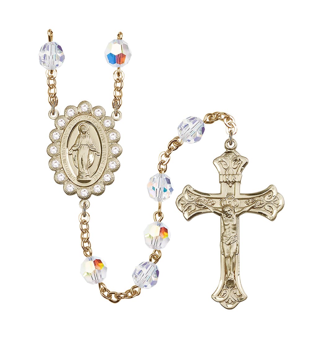 Bliss Gold Plated 8mm Austrian Crystal Miraculous Rosary with Aurora Borealis in Crystal,