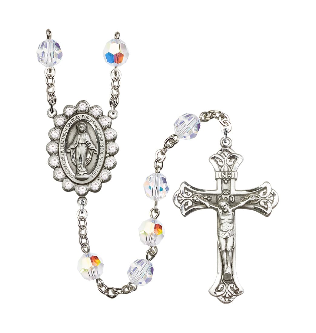 Bliss Silver Plated 8mm Austrian Crystal Miraculous Rosary with Aurora Borealis in Crystal,