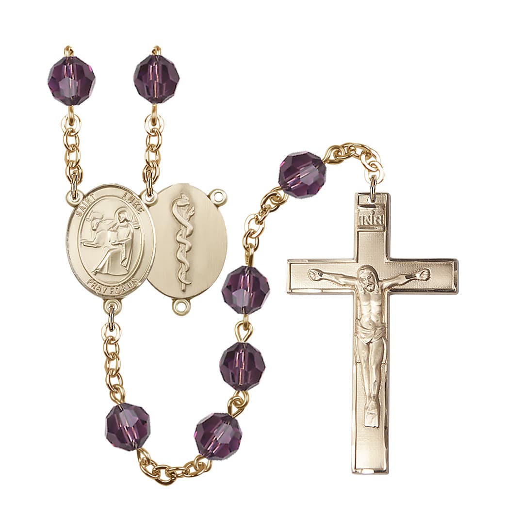 Bliss St Luke the Doctor 8mm Austrian Crystal Gold-plated Rosary in Amethyst,