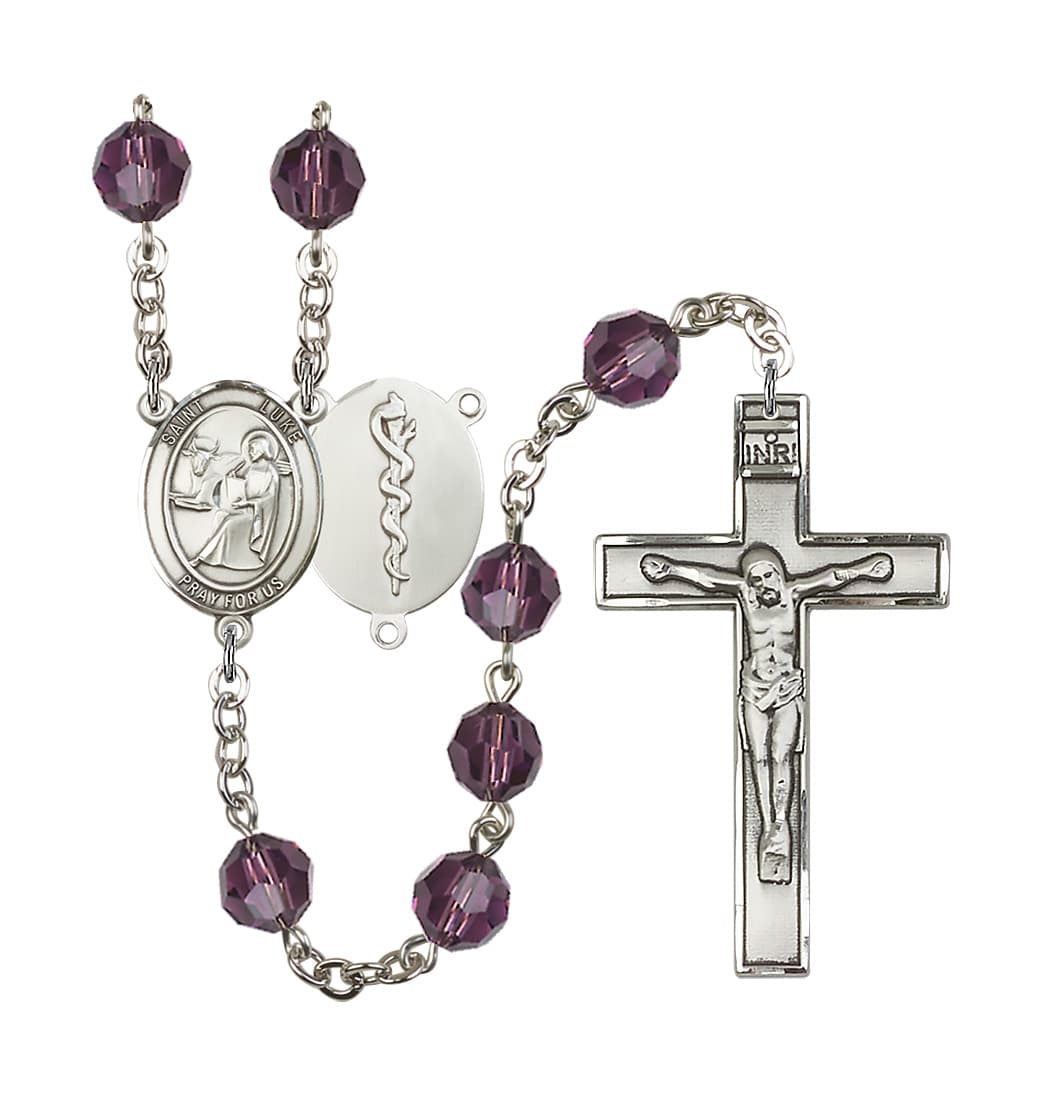 Bliss St Luke the Doctor 8mm Austrian Crystal Silver-plated Rosary in Amethyst,