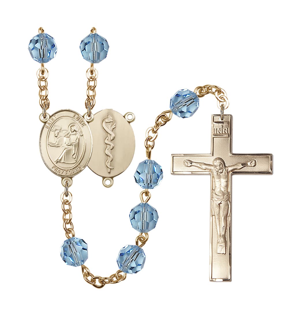 Bliss St Luke the Doctor 8mm Austrian Crystal Gold-plated Rosary in Aqua,