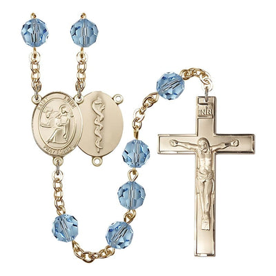 St Luke the Doctor 8mm Austrian Crystal Gold-plated Rosary in Aqua, Bliss Manufacturing