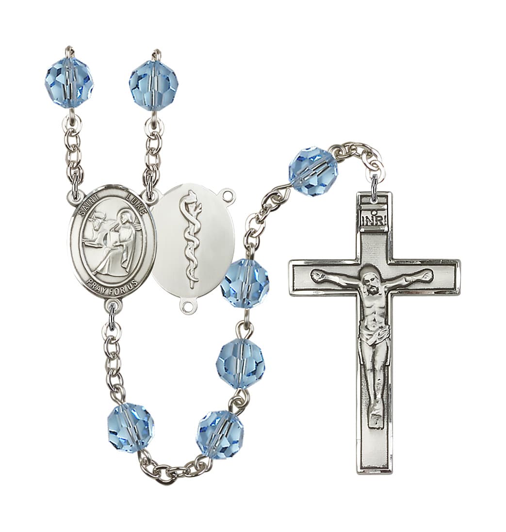 Bliss St Luke the Doctor 8mm Austrian Crystal Silver-plated Rosary in Aqua,