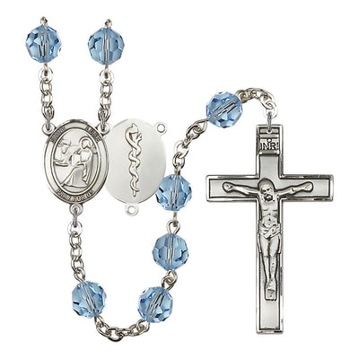 St Luke the Doctor 8mm Austrian Crystal Silver-plated Rosary in Aqua, Bliss Manufacturing