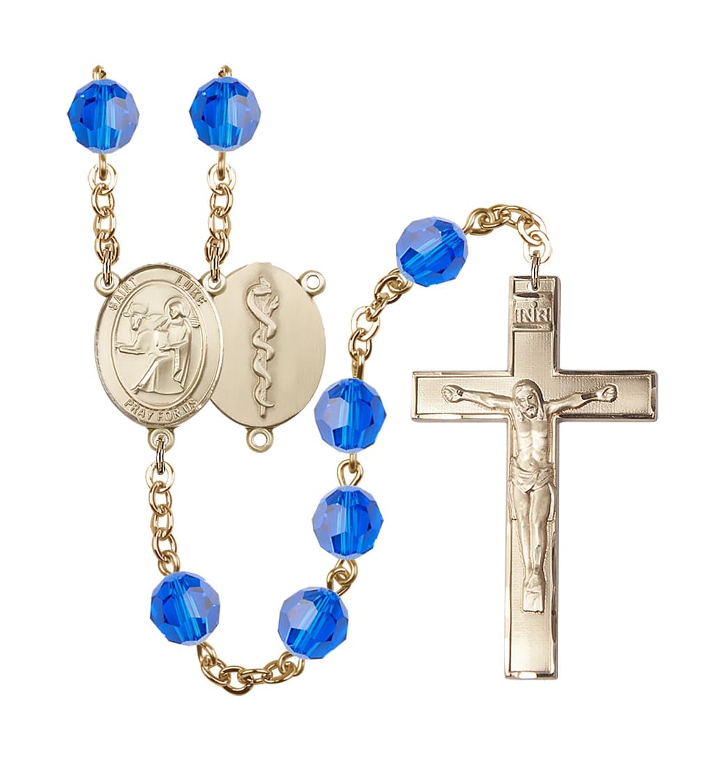 Bliss St Luke the Doctor 8mm Austrian Crystal Gold-plated Rosary in Capri Blue,