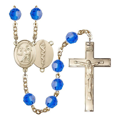 St Luke the Doctor 8mm Austrian Crystal Gold-plated Rosary in Capri Blue, Bliss Manufacturing