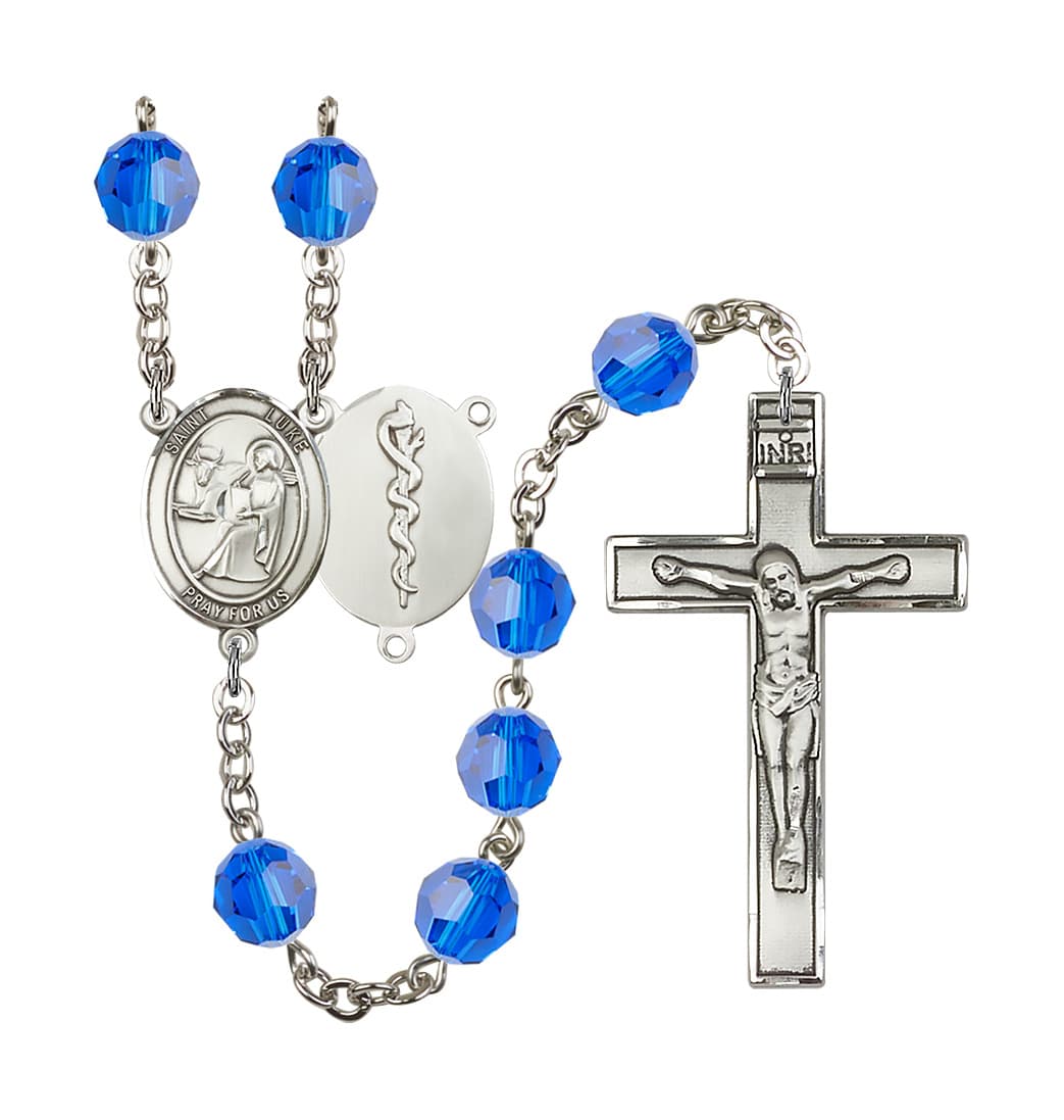 Bliss St Luke the Doctor 8mm Austrian Crystal Silver-plated Rosary in Capri Blue,