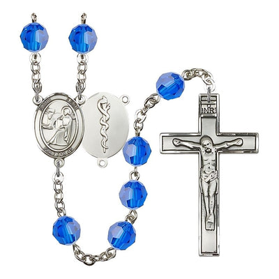 St Luke the Doctor 8mm Austrian Crystal Silver-plated Rosary in Capri Blue, Bliss Manufacturing