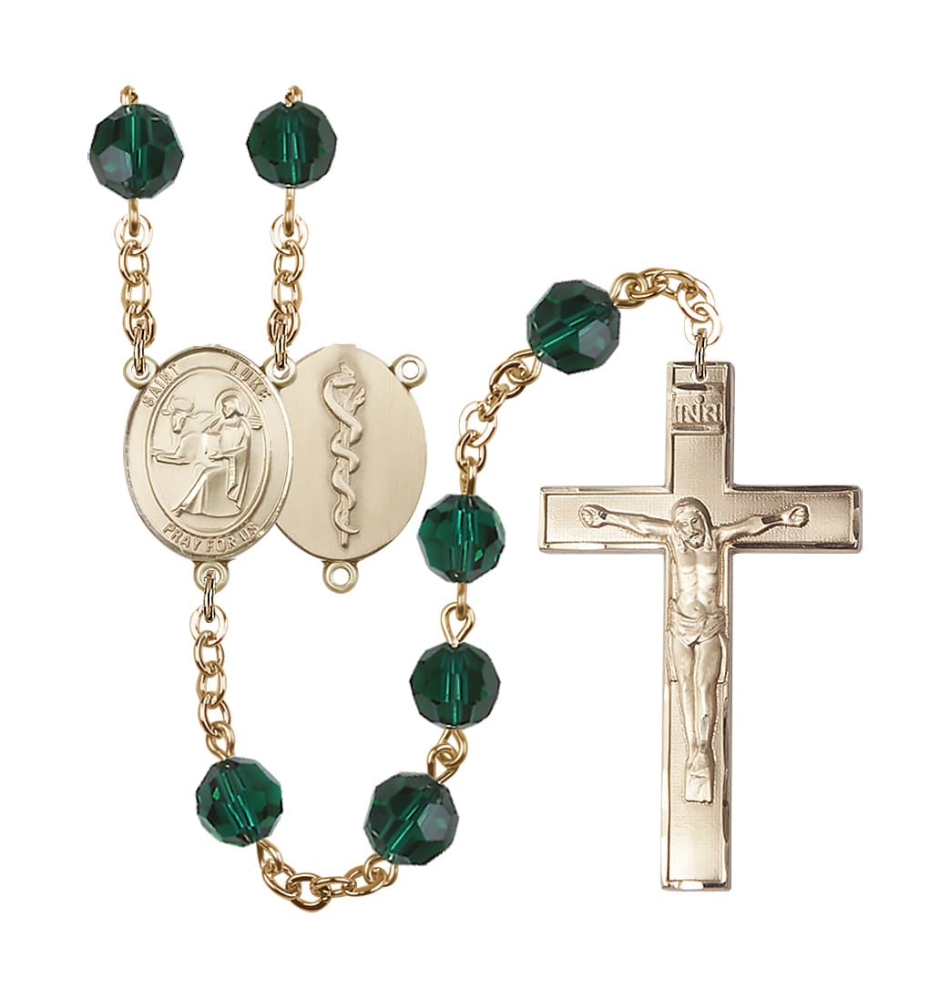 Bliss St Luke the Doctor 8mm Austrian Crystal Gold-plated Rosary in Emerald,