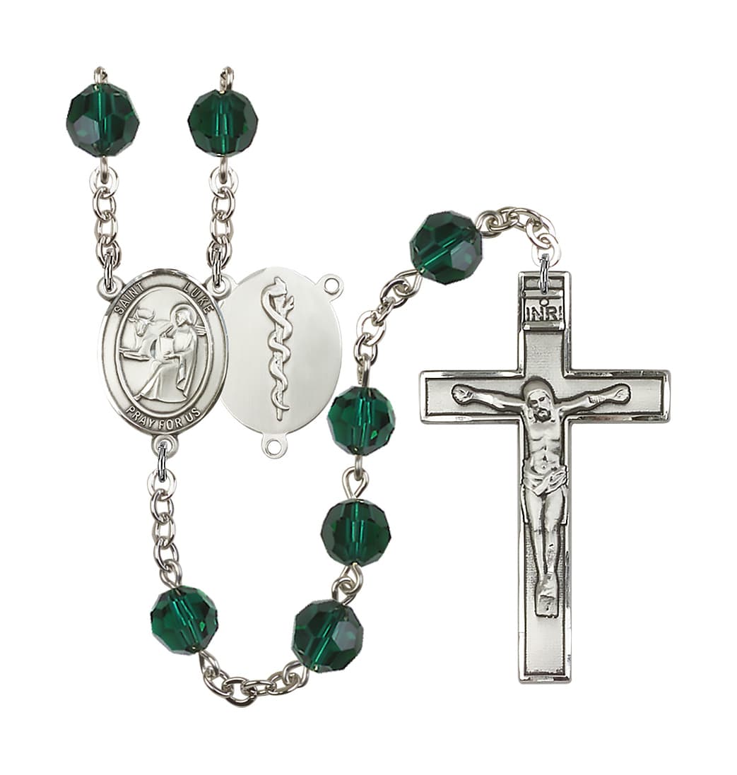 Bliss St Luke the Doctor 8mm Austrian Crystal Silver-plated Rosary in Emerald,