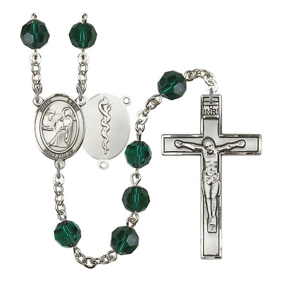St Luke the Doctor 8mm Austrian Crystal Silver-plated Rosary in Emerald, Bliss Manufacturing