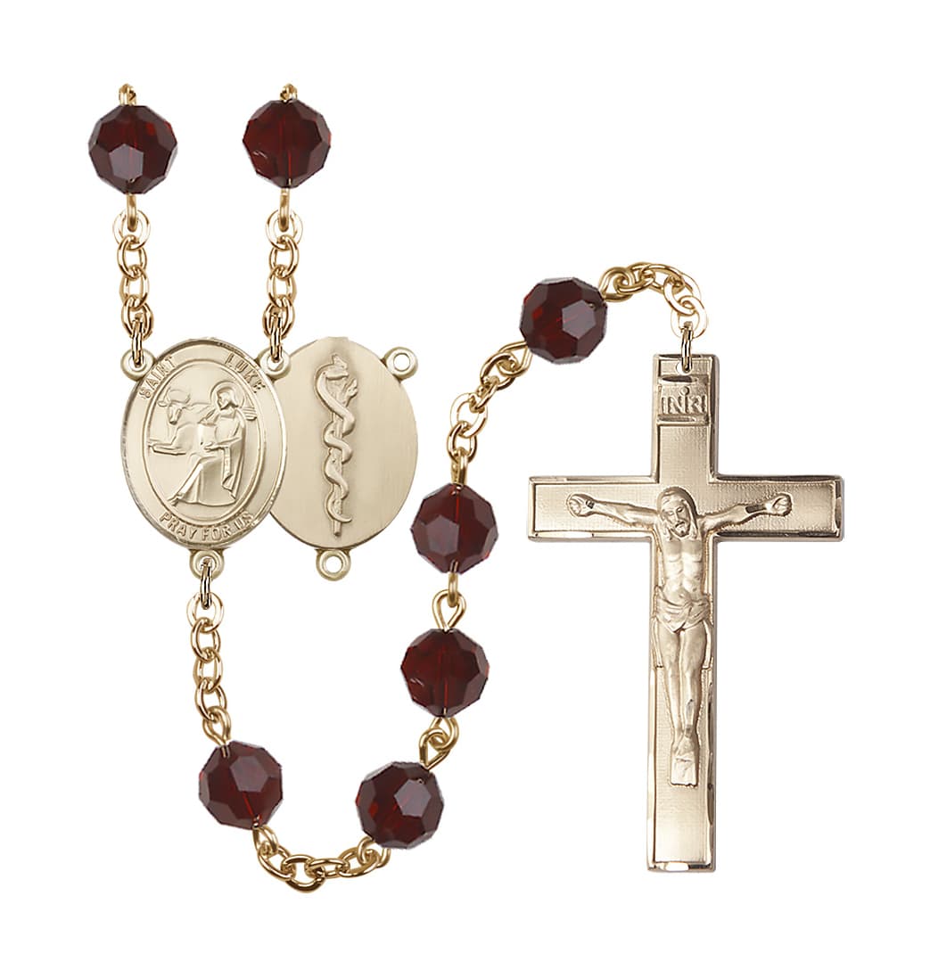 Bliss St Luke the Doctor 8mm Austrian Crystal Gold-plated Rosary in Garnet,