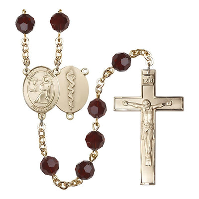 St Luke the Doctor 8mm Austrian Crystal Gold-plated Rosary in Garnet, Bliss Manufacturing