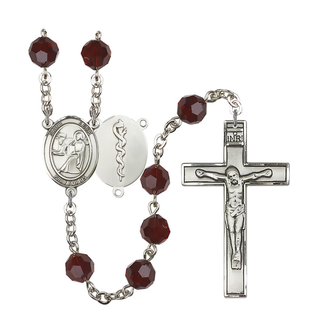 Bliss St Luke the Doctor 8mm Austrian Crystal Silver-plated Rosary in Garnet,