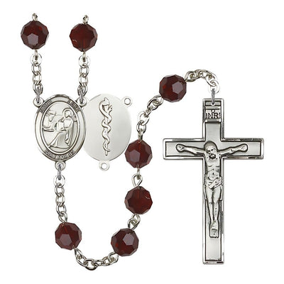 St Luke the Doctor 8mm Austrian Crystal Silver-plated Rosary in Garnet, Bliss Manufacturing